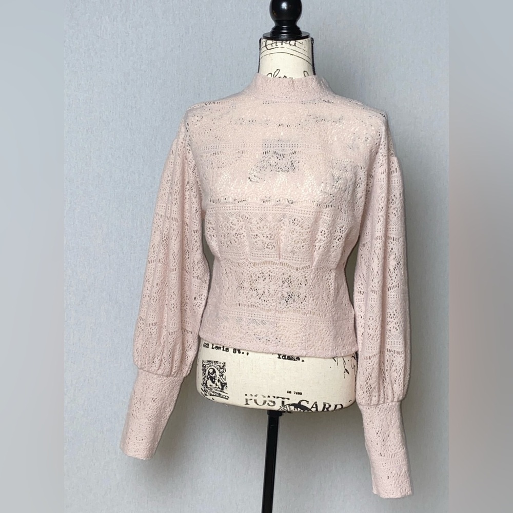 Free People Blush Pink Lace Mock Neck Top Balloon Sleeve Sheer Knit Boho L - Picture 10 of 13